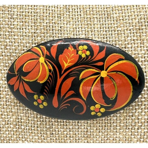 Estate Jewelry - Black Lacquer Brooch Hand Painted Black Orange and Yellow Flowers Vintage